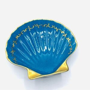 Vintage Hand Painted Limoges France Shell Dish – Turquoise Blue & Gold Gilt